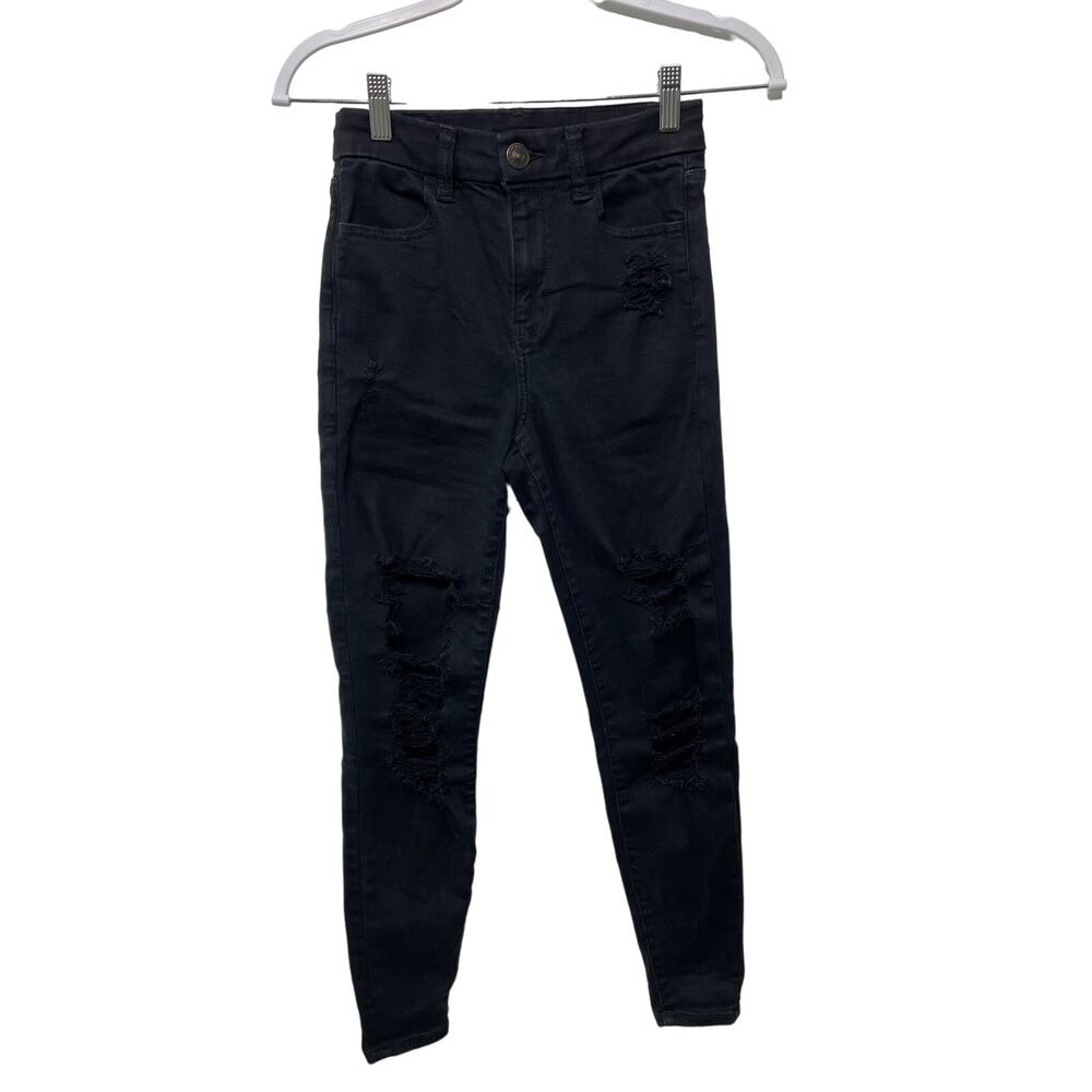 American Eagle Curvy High Rise Distressed Denim Jegging Jeans Black Punk Goth 0